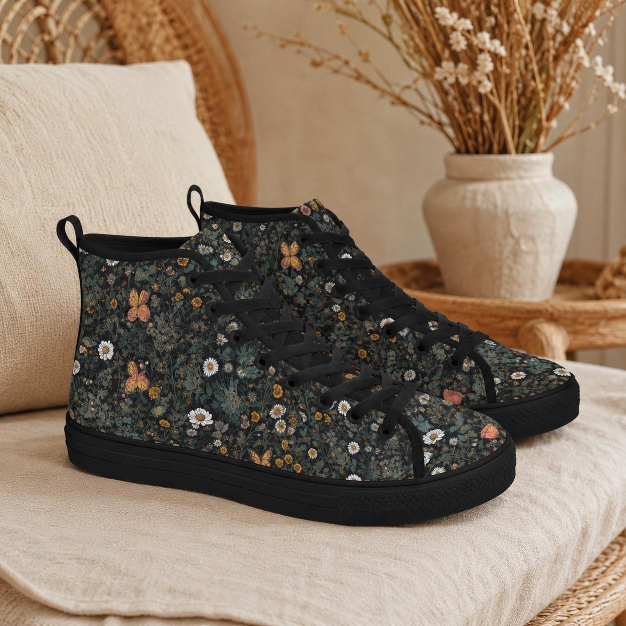 Black Wildflower Meadow High Tops, Cottagecore Botanical Butterfly Sneakers