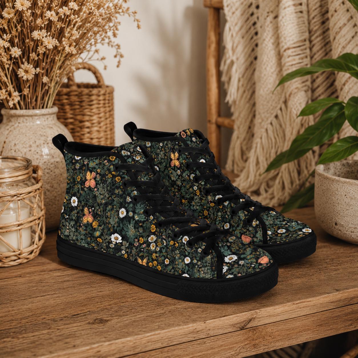 Black Wildflower Meadow High Tops, Cottagecore Botanical Butterfly Sneakers