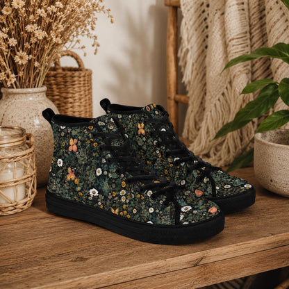 Black Wildflower Meadow High Tops, Cottagecore Botanical Butterfly Sneakers