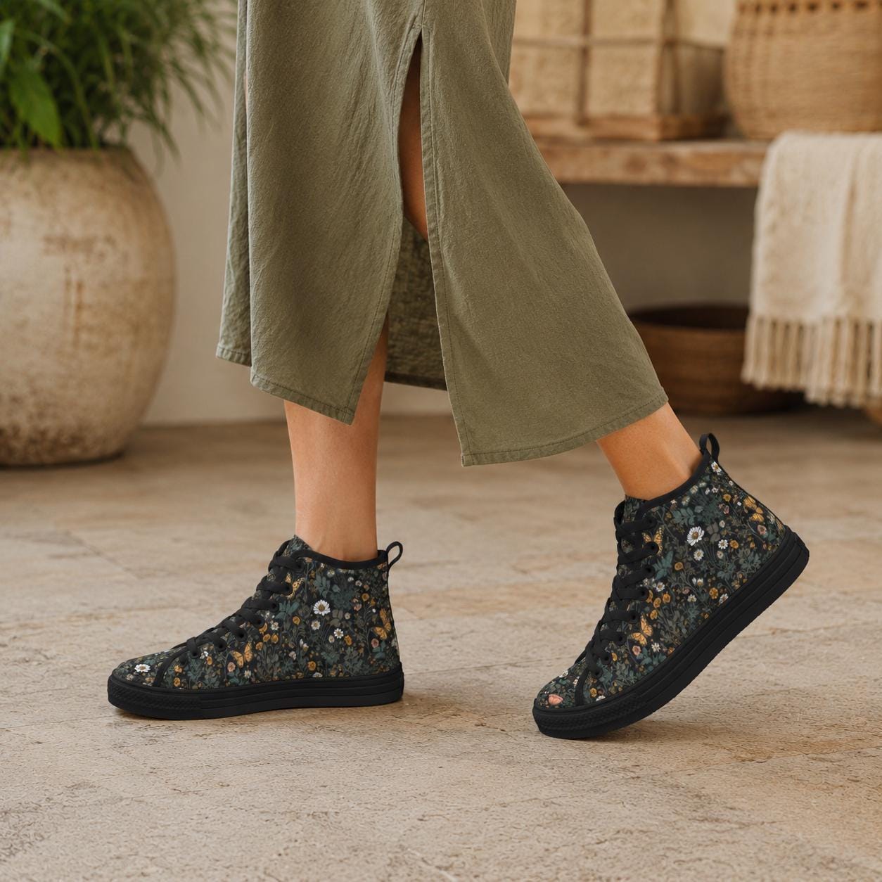 Black Wildflower Meadow High Tops, Cottagecore Botanical Butterfly Sneakers