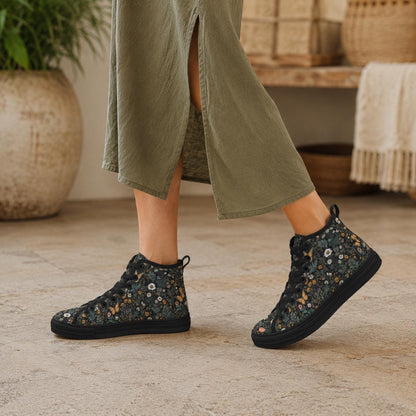 Black Wildflower Meadow High Tops, Cottagecore Botanical Butterfly Sneakers