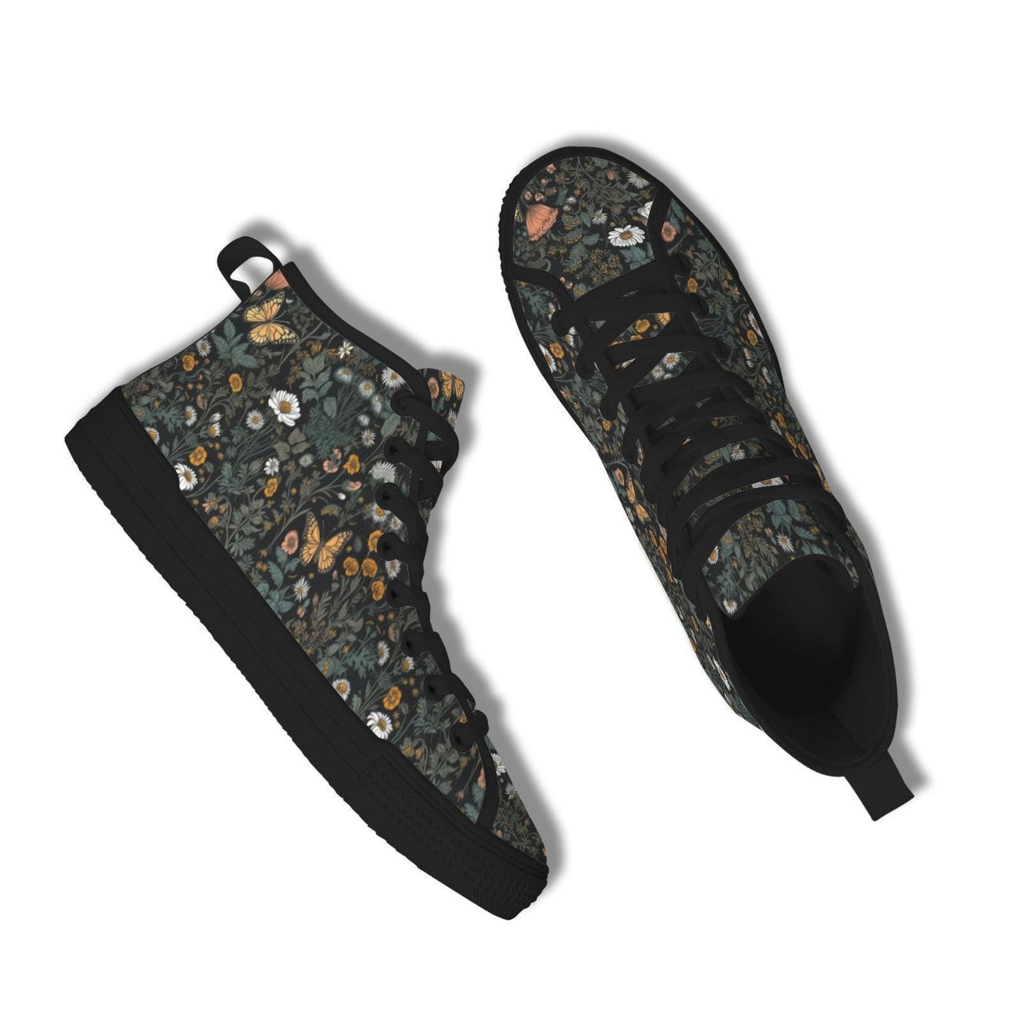 Black Wildflower Meadow High Tops, Cottagecore Botanical Butterfly Sneakers