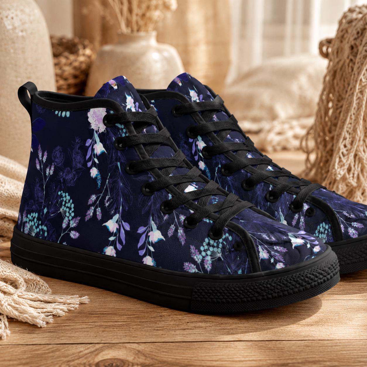 Dark Floral High Top Canvas Sneakers, Navy Blue Whimsigoth Wildflower Shoes