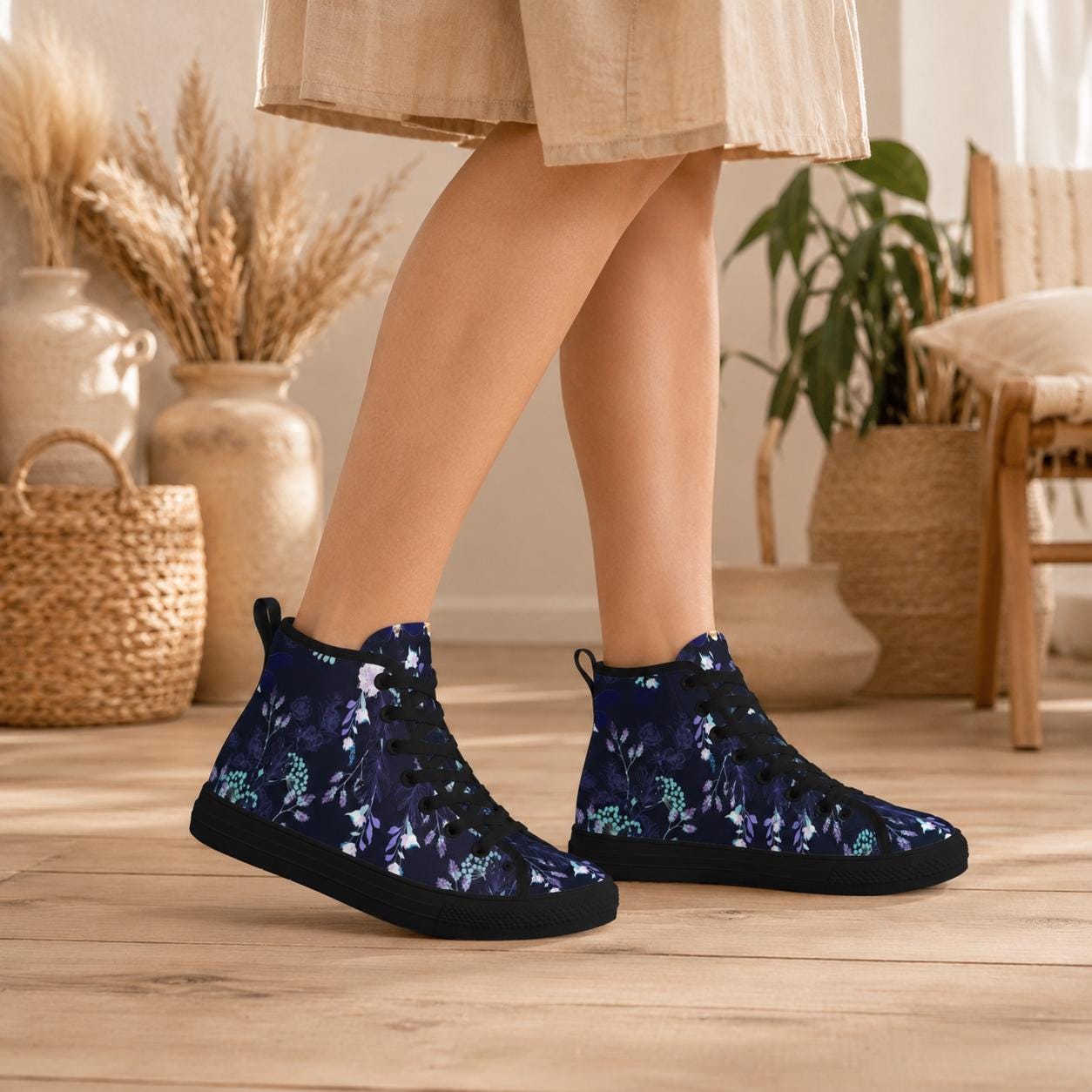 Dark Floral High Top Canvas Sneakers, Navy Blue Whimsigoth Wildflower Shoes