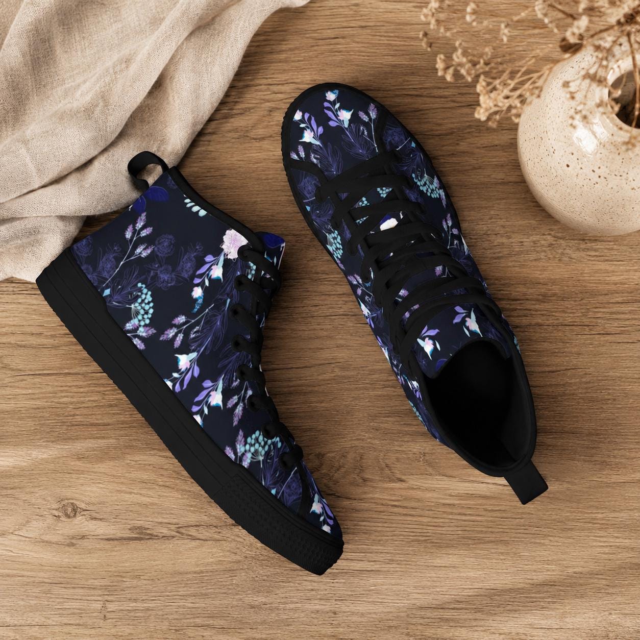 Dark Floral High Top Canvas Sneakers, Navy Blue Whimsigoth Wildflower Shoes