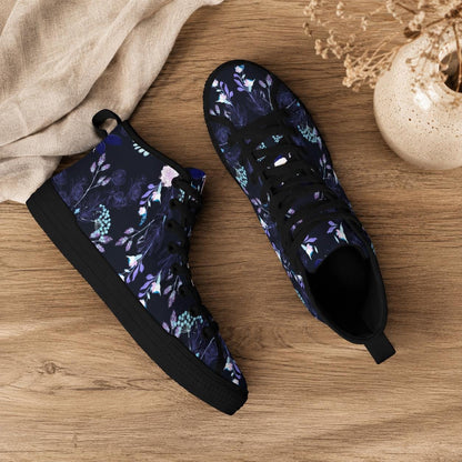 Dark Floral High Top Canvas Sneakers, Navy Blue Whimsigoth Wildflower Shoes