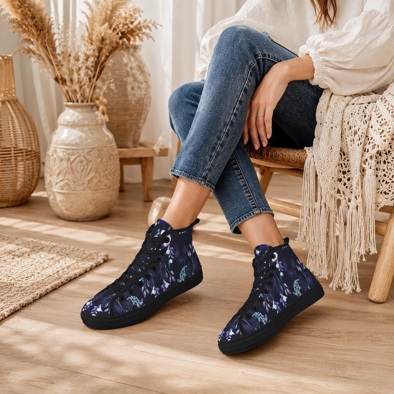 Dark Floral High Top Canvas Sneakers, Navy Blue Whimsigoth Wildflower Shoes