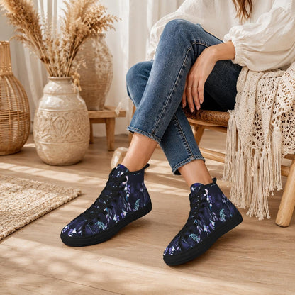Dark Floral High Top Canvas Sneakers, Navy Blue Whimsigoth Wildflower Shoes