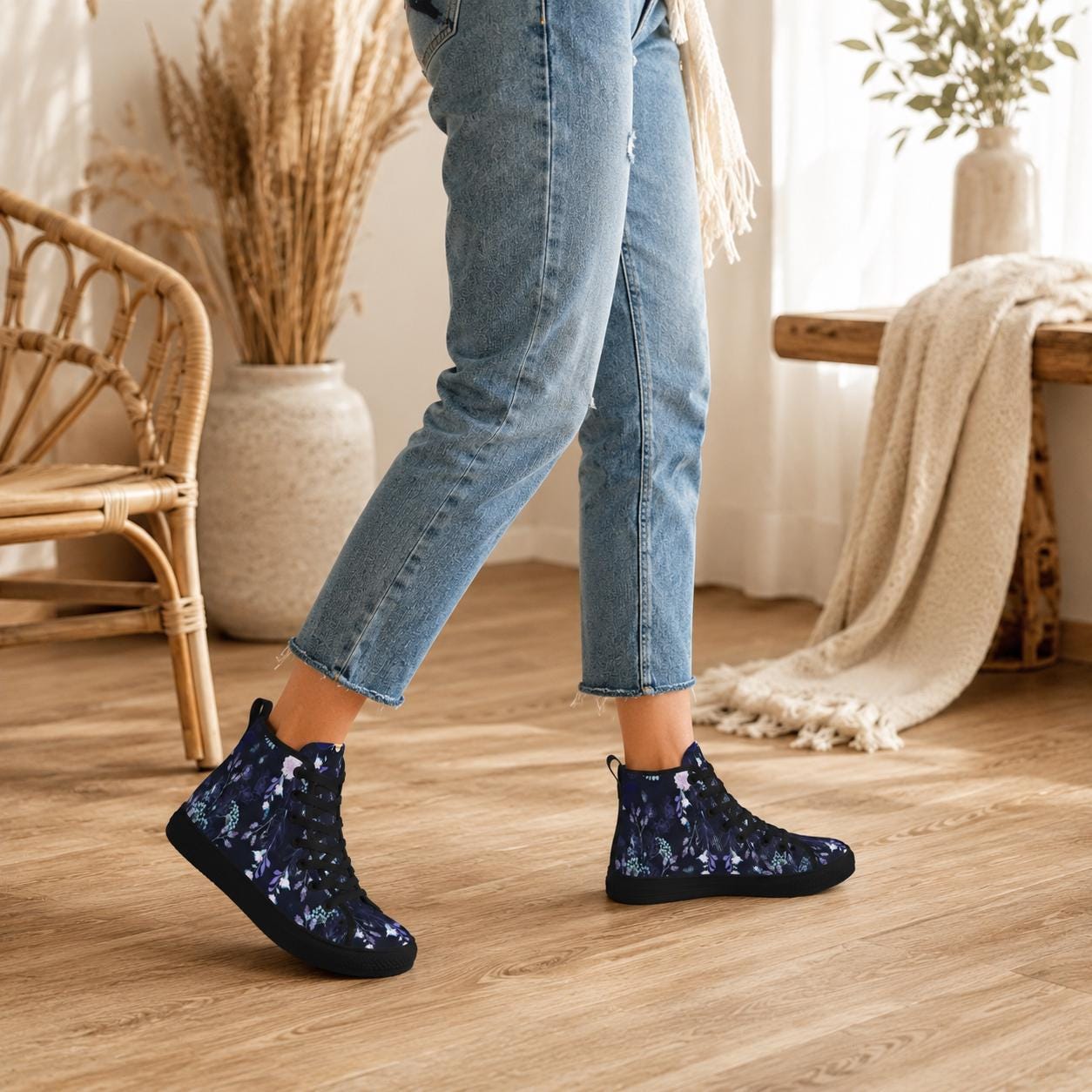 Dark Floral High Top Canvas Sneakers, Navy Blue Whimsigoth Wildflower Shoes