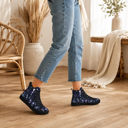 Dark Floral High Top Canvas Sneakers, Navy Blue Whimsigoth Wildflower Shoes