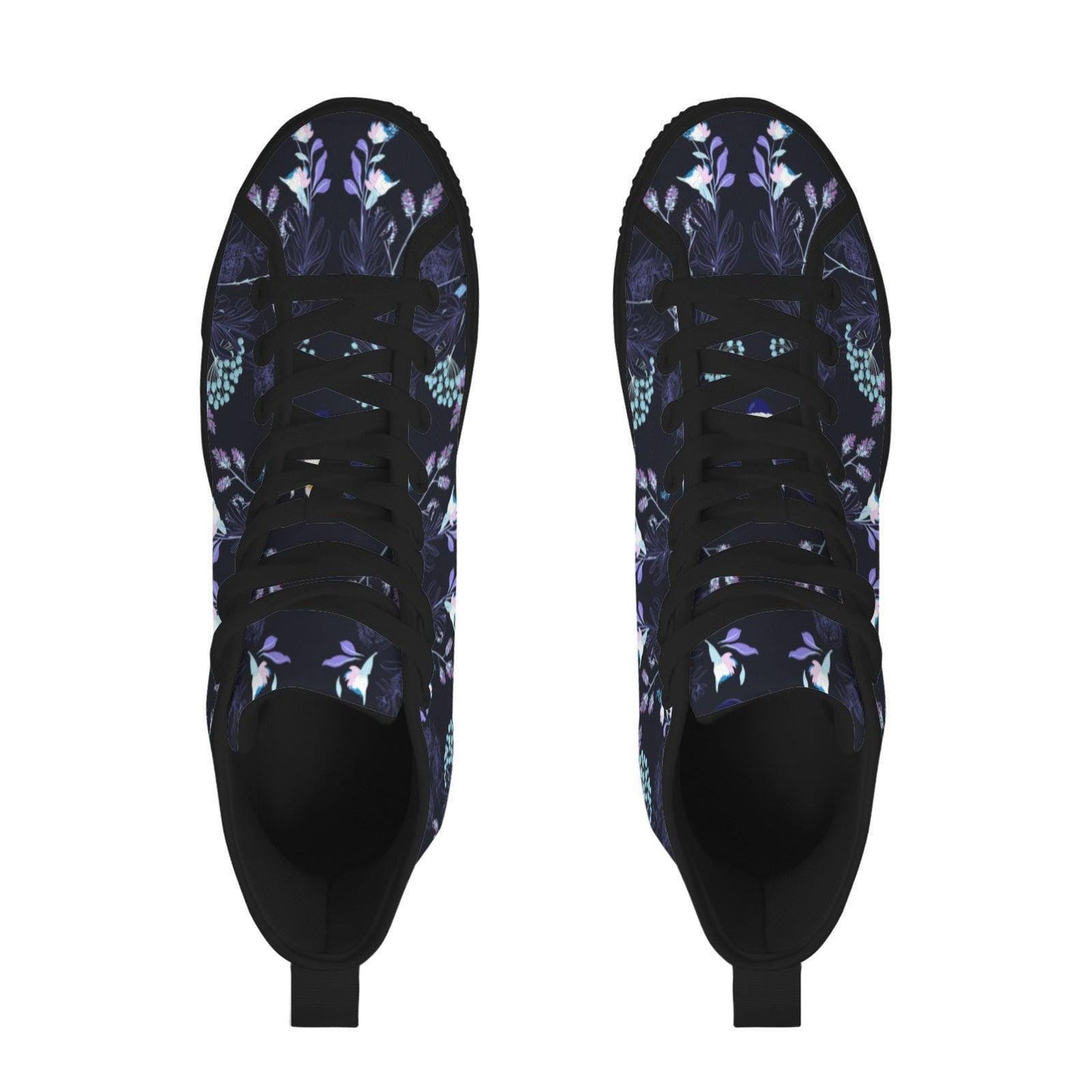 Dark Floral High Top Canvas Sneakers, Navy Blue Whimsigoth Wildflower Shoes