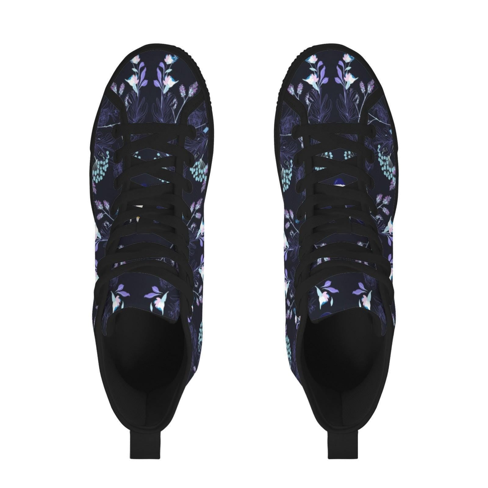Dark Floral High Top Canvas Sneakers, Navy Blue Whimsigoth Wildflower Shoes