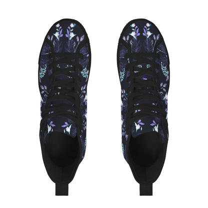 Dark Floral High Top Canvas Sneakers, Navy Blue Whimsigoth Wildflower Shoes