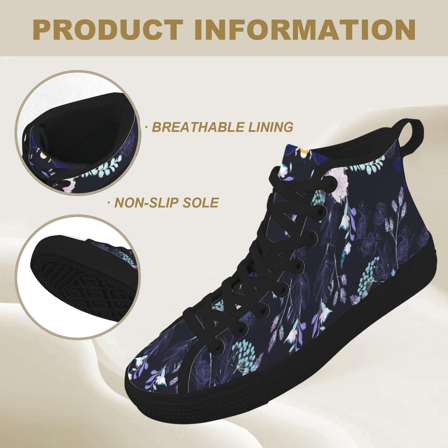 Dark Floral High Top Canvas Sneakers, Navy Blue Whimsigoth Wildflower Shoes