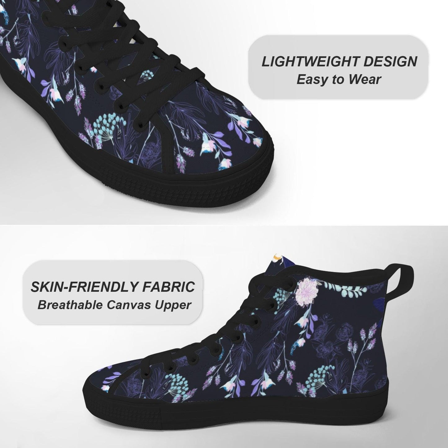 Dark Floral High Top Canvas Sneakers, Navy Blue Whimsigoth Wildflower Shoes