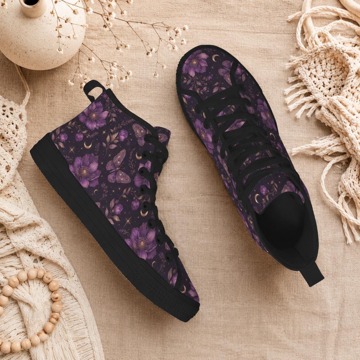 Purple Floral Moth Moon High Top Sneakers, Witchy Celestial Canvas Shoes