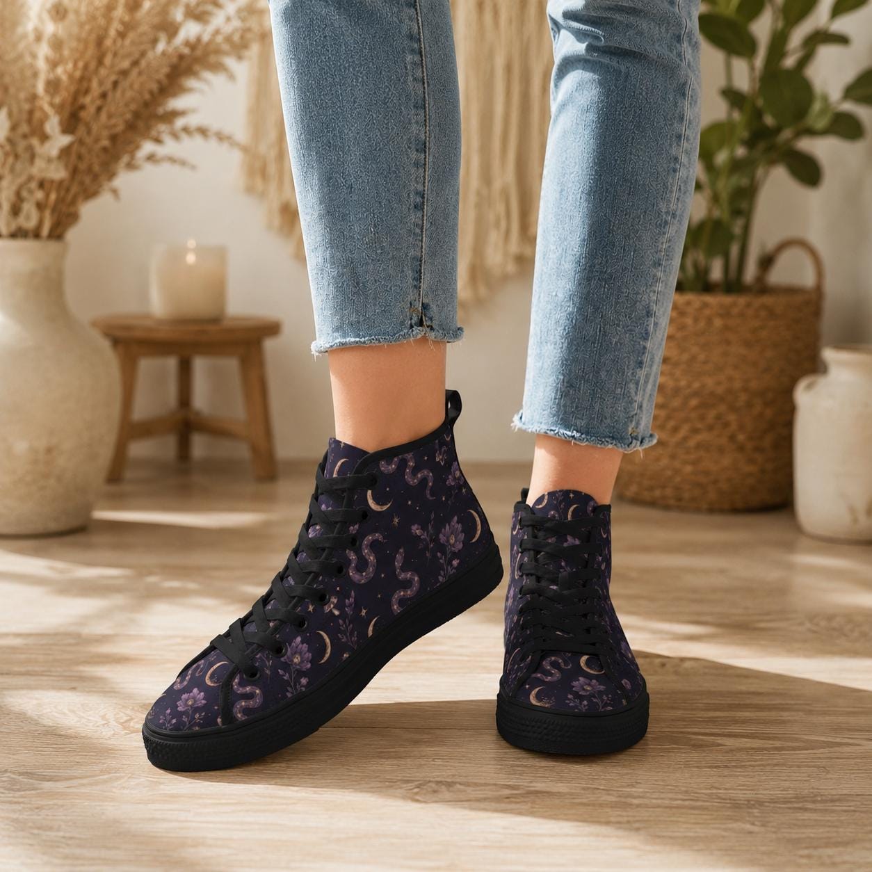 Celestial High Top Sneakers, Moon Star Snake Print Canvas Shoes, Witchy Festival Wear