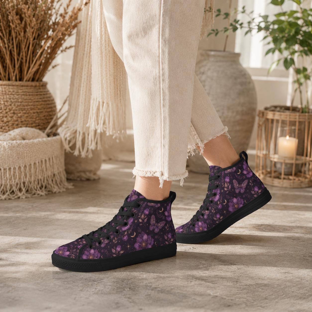 Purple Floral Moth Moon High Top Sneakers, Witchy Celestial Canvas Shoes