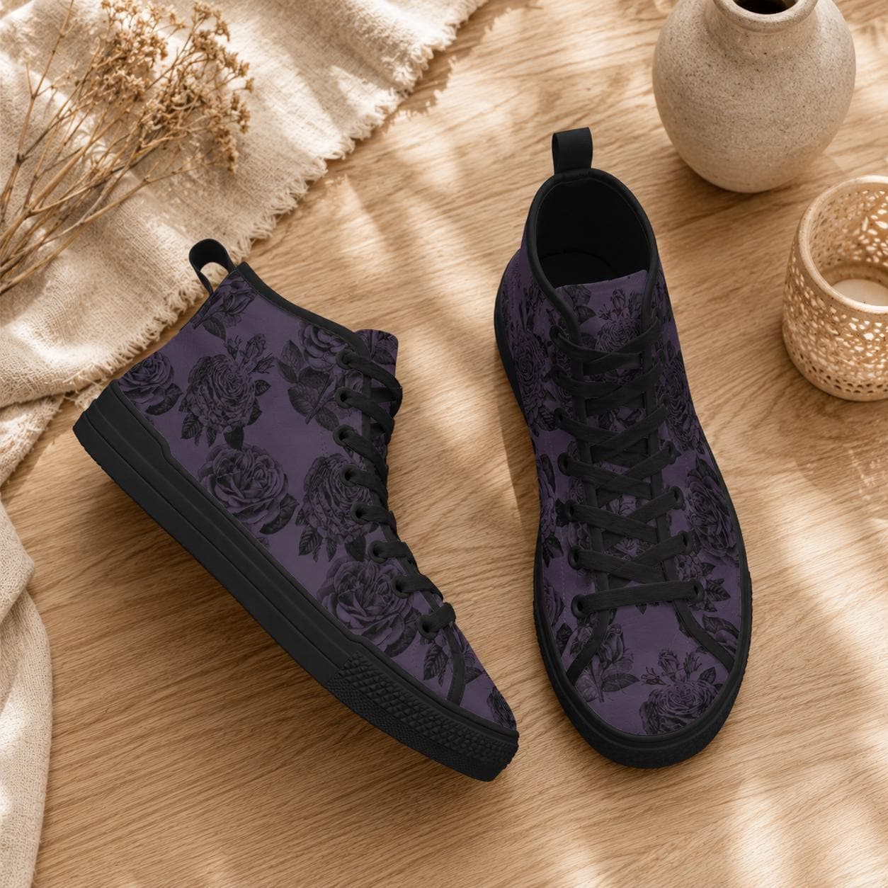 Dark Floral High Top Sneakers, Moody Botanical Canvas Shoes, Whimsigoth Lace Up Tops