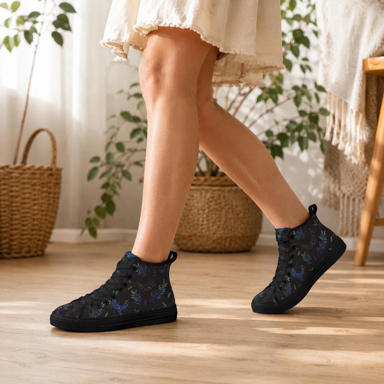 Crescent Moon Botanical High Top Sneakers, Celestial Witchy Canvas Shoes