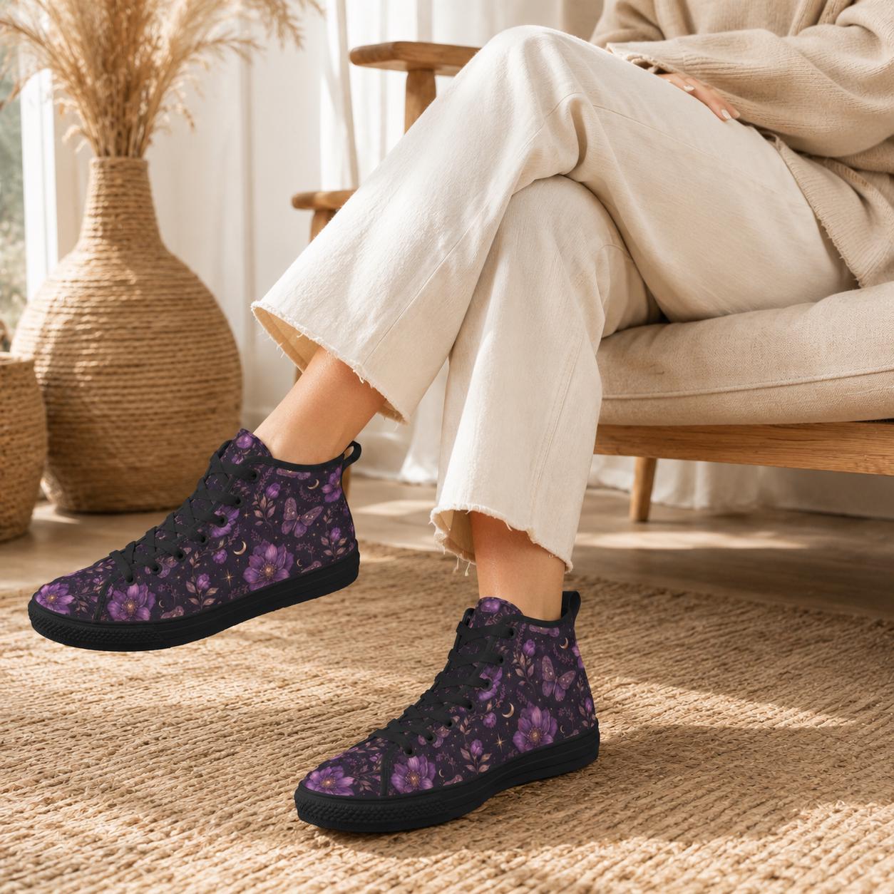Purple Floral Moth Moon High Top Sneakers, Witchy Celestial Canvas Shoes