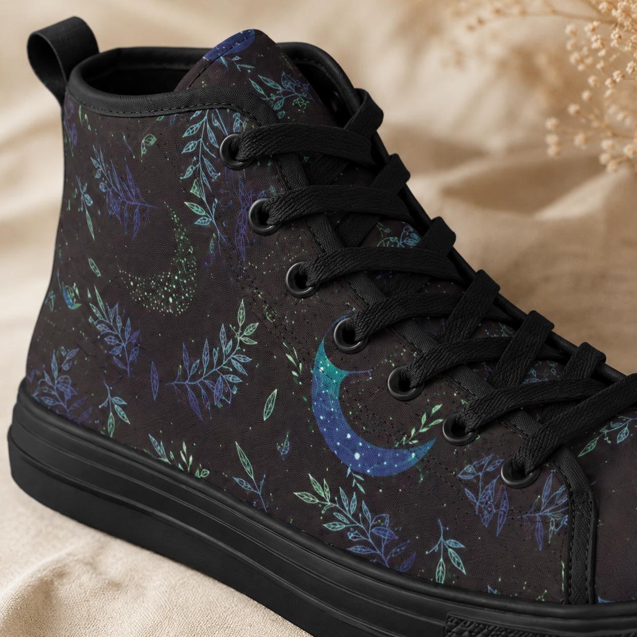 Crescent Moon Botanical High Top Sneakers, Celestial Witchy Canvas Shoes