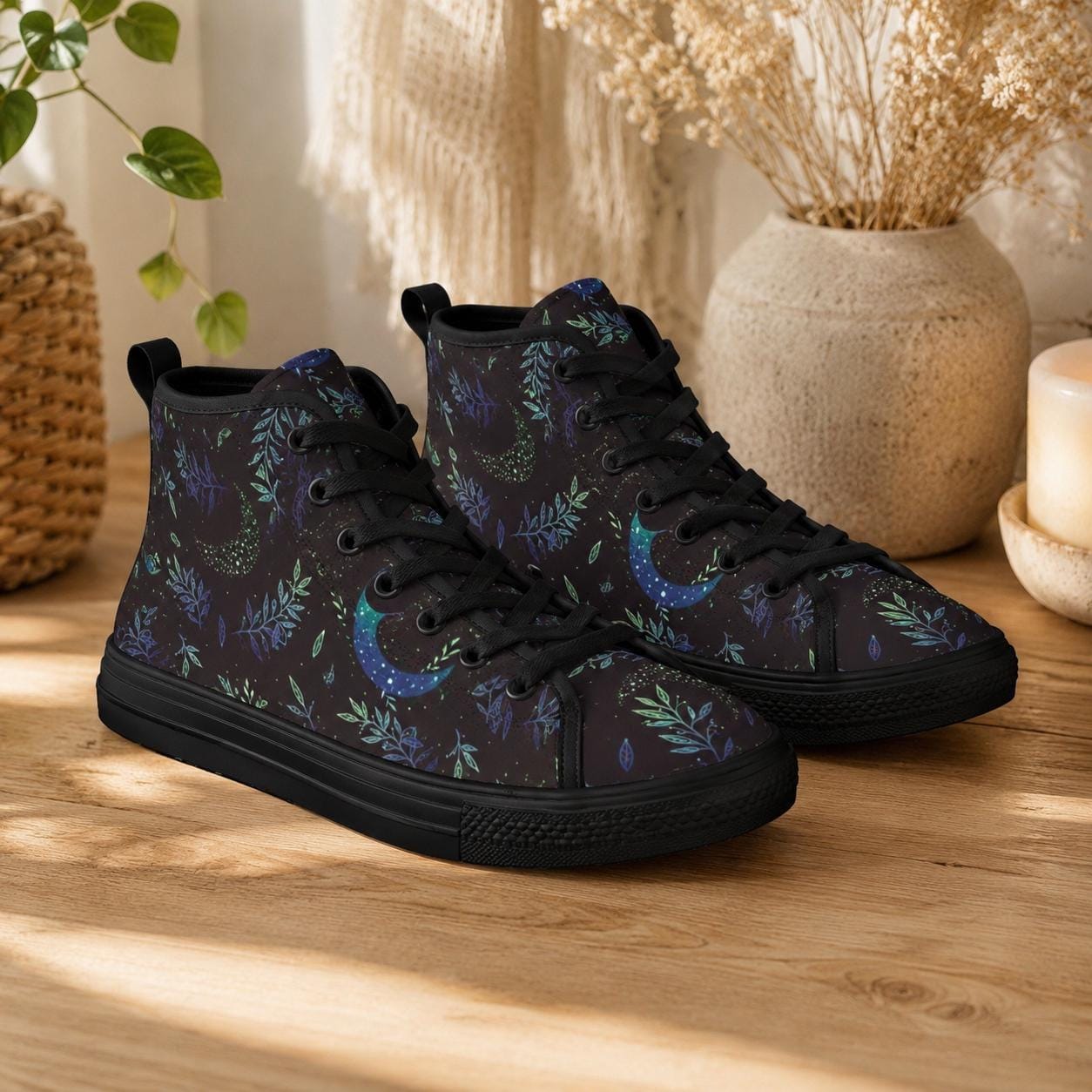 Crescent Moon Botanical High Top Sneakers, Celestial Witchy Canvas Shoes