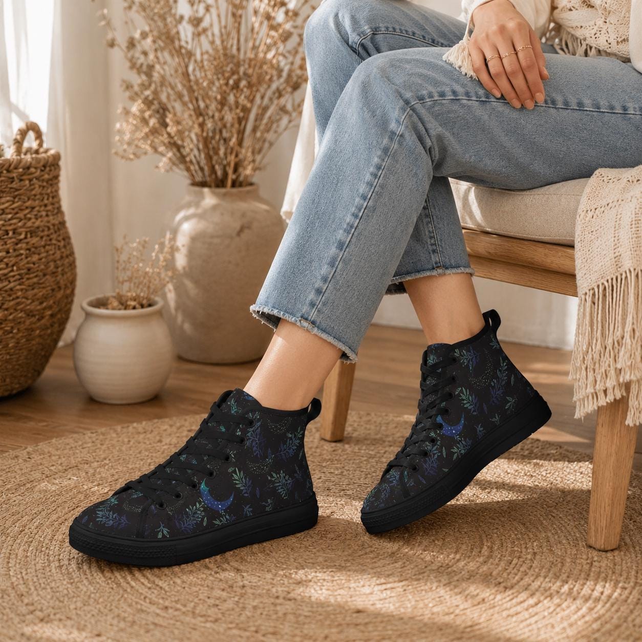 Crescent Moon Botanical High Top Sneakers, Celestial Witchy Canvas Shoes