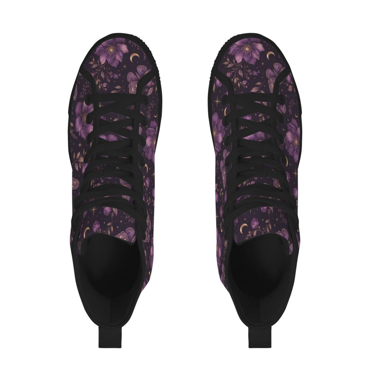Purple Floral Moth Moon High Top Sneakers, Witchy Celestial Canvas Shoes
