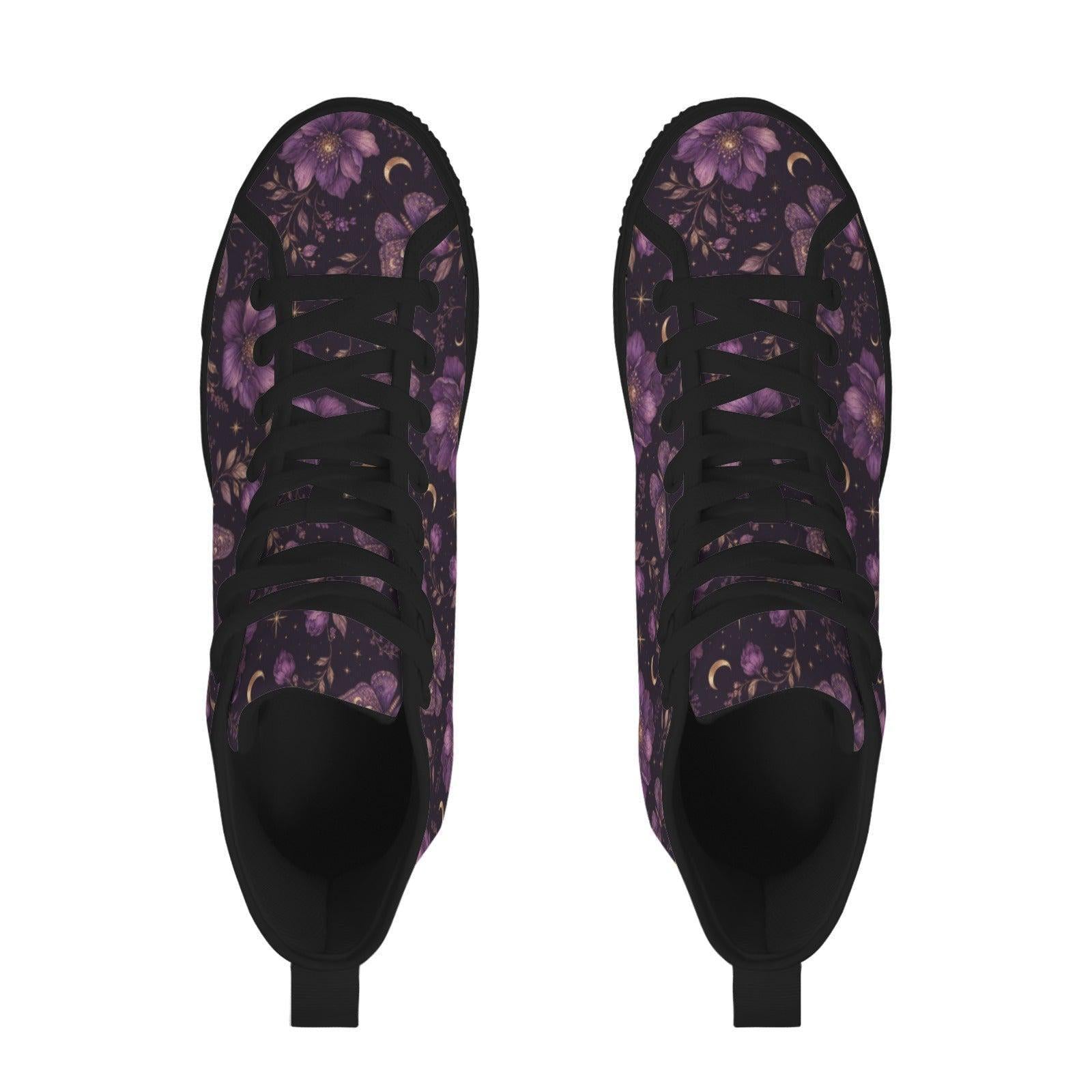 Purple Floral Moth Moon High Top Sneakers, Witchy Celestial Canvas Shoes