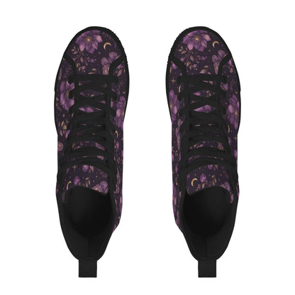 Purple Floral Moth Moon High Top Sneakers, Witchy Celestial Canvas Shoes