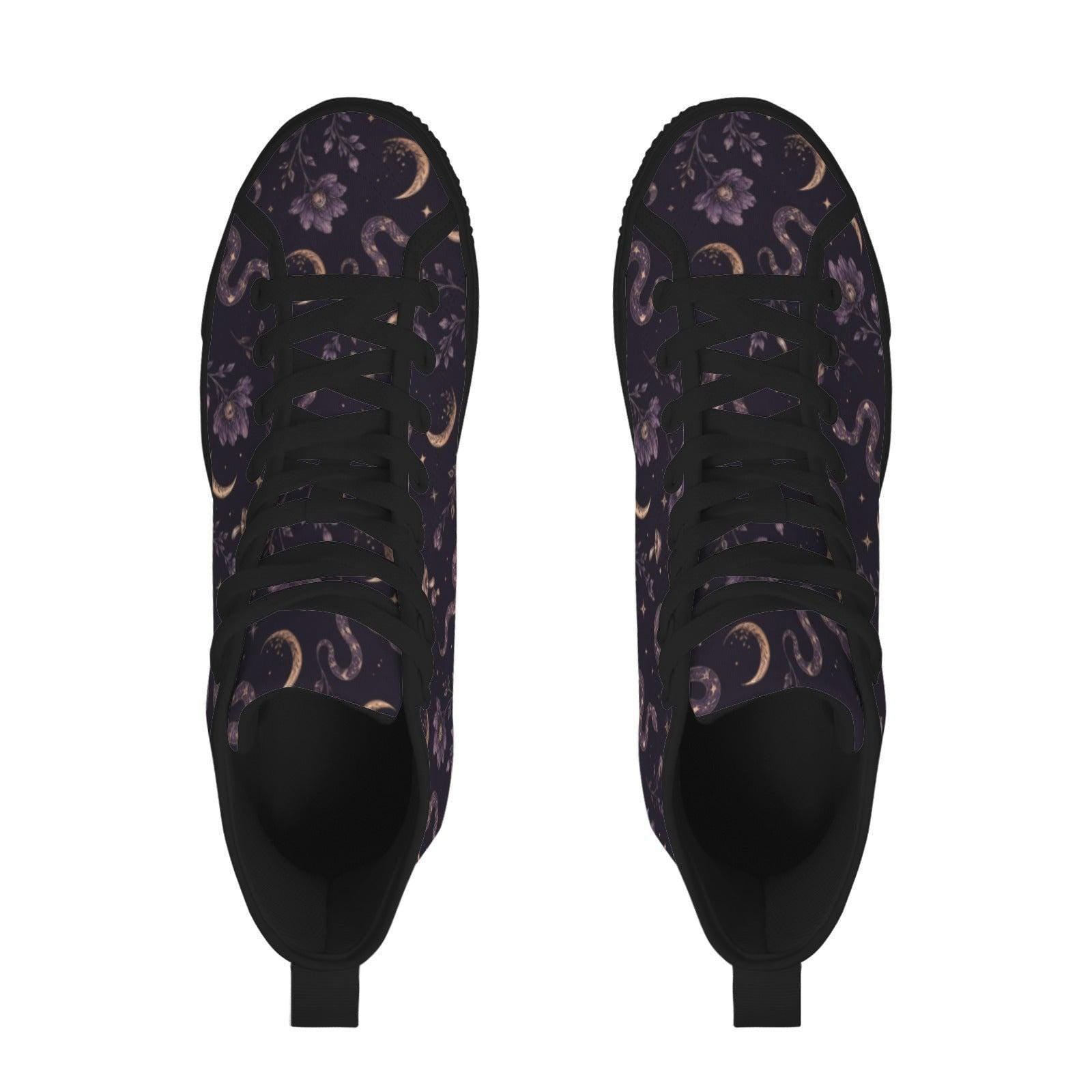 Celestial High Top Sneakers, Moon Star Snake Print Canvas Shoes, Witchy Festival Wear