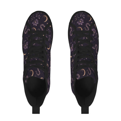Celestial High Top Sneakers, Moon Star Snake Print Canvas Shoes, Witchy Festival Wear