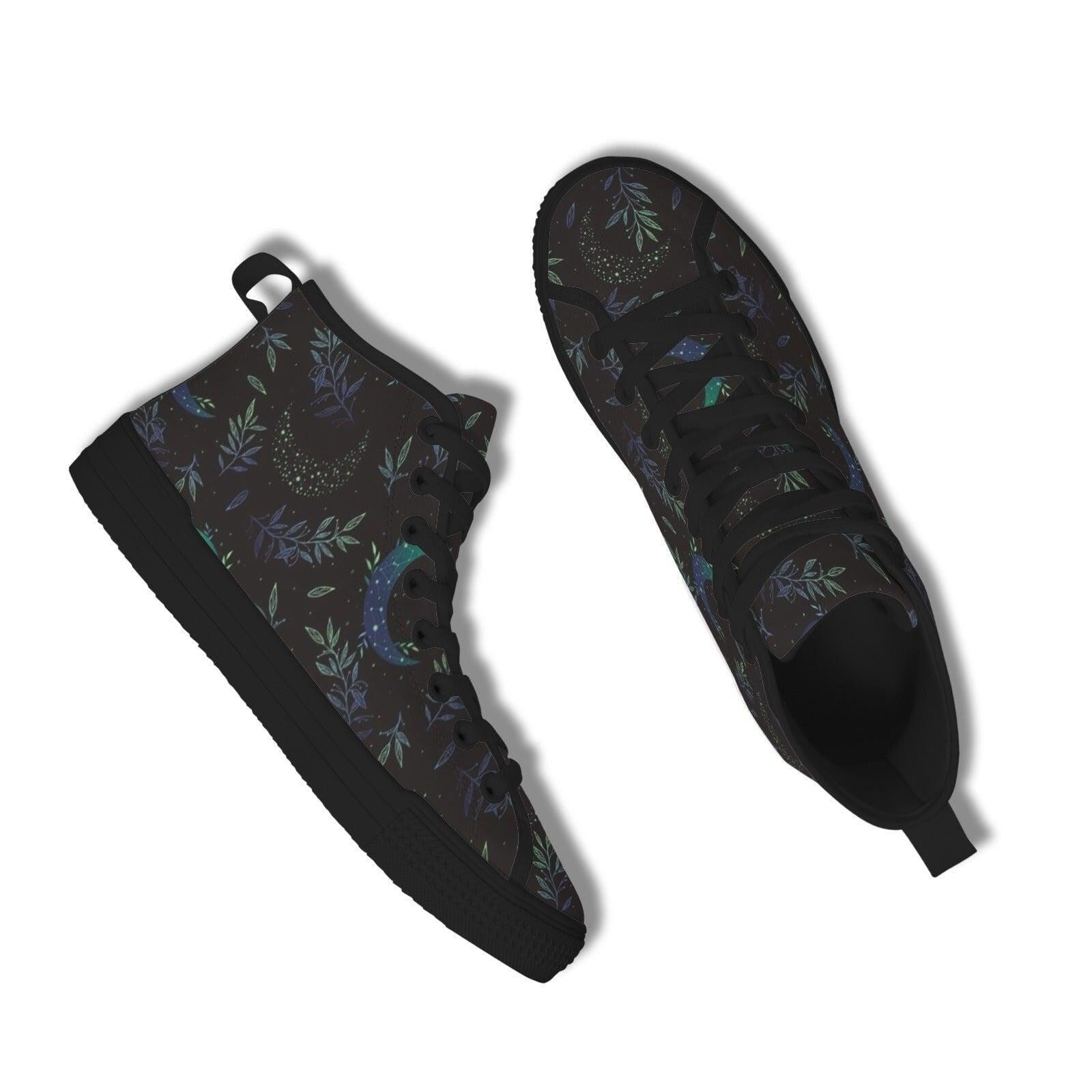 Crescent Moon Botanical High Top Sneakers, Celestial Witchy Canvas Shoes
