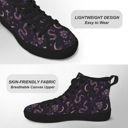 Celestial High Top Sneakers, Moon Star Snake Print Canvas Shoes, Witchy Festival Wear