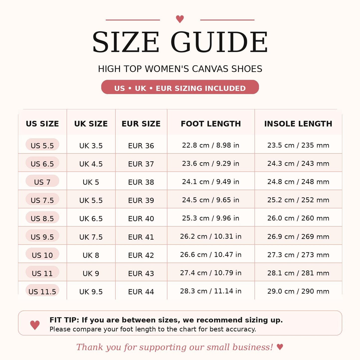 The image is a size guide for high top women's canvas shoes, providing sizes and corresponding foot lengths for various countries and shoe styles.