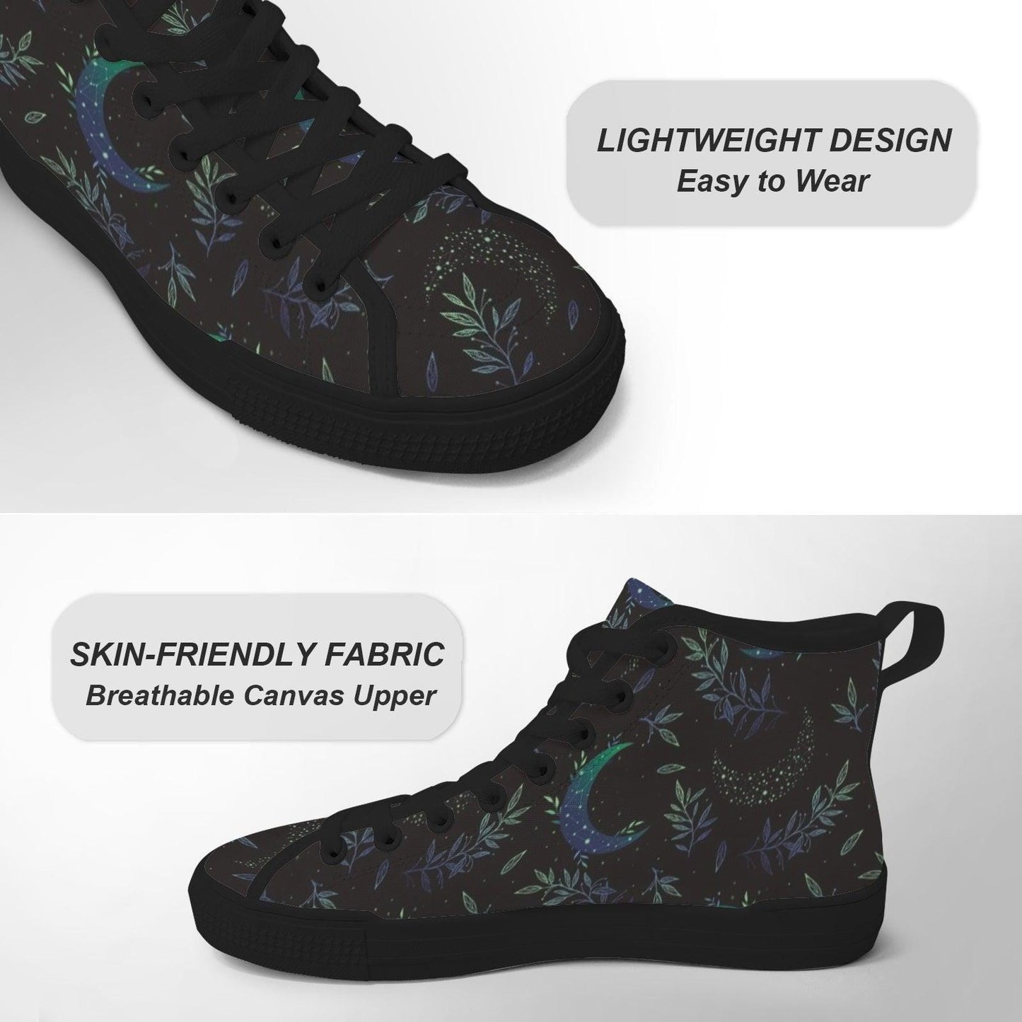 Crescent Moon Botanical High Top Sneakers, Celestial Witchy Canvas Shoes