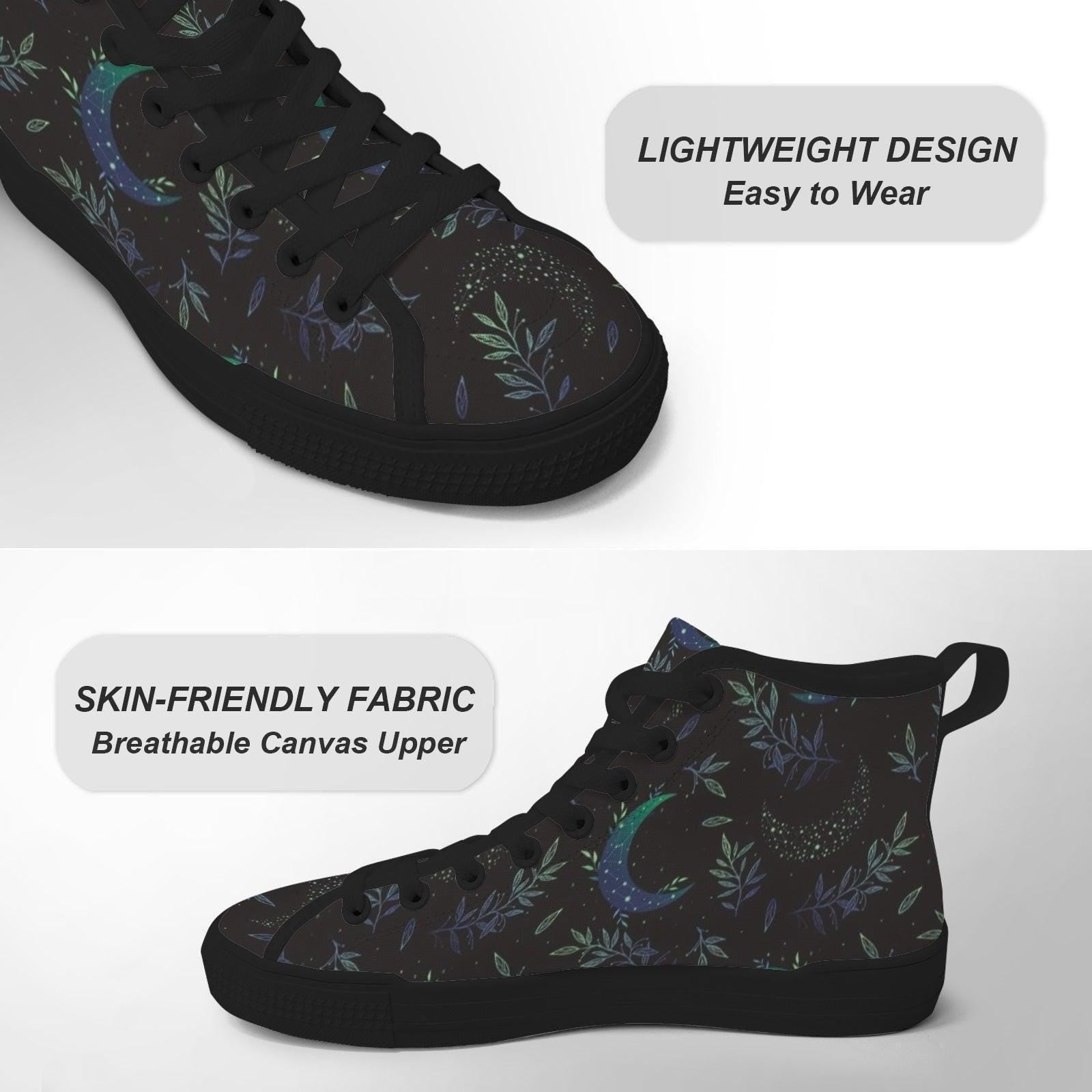 Crescent Moon Botanical High Top Sneakers, Celestial Witchy Canvas Shoes
