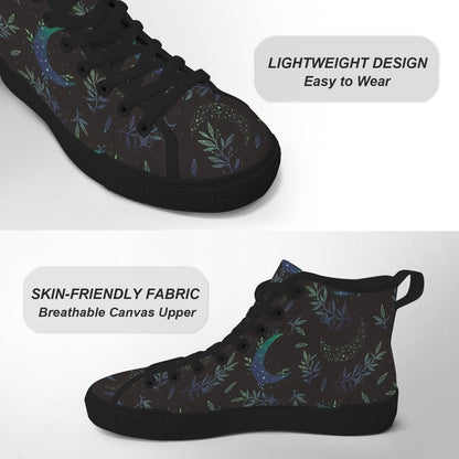 Crescent Moon Botanical High Top Sneakers, Celestial Witchy Canvas Shoes