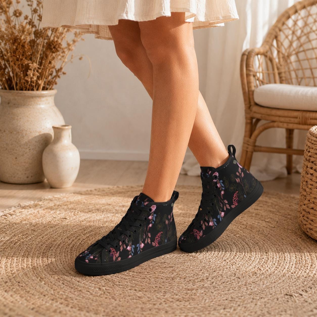 Black Floral High Tops, Dark Botanical Sneakers, Pink Flower Print, Cottagecore Lace Up Shoes