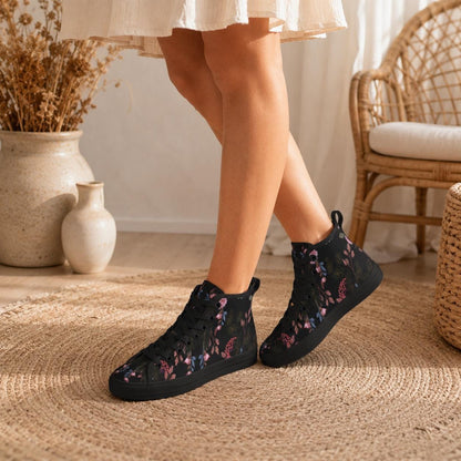 Black Floral High Tops, Dark Botanical Sneakers, Pink Flower Print, Cottagecore Lace Up Shoes