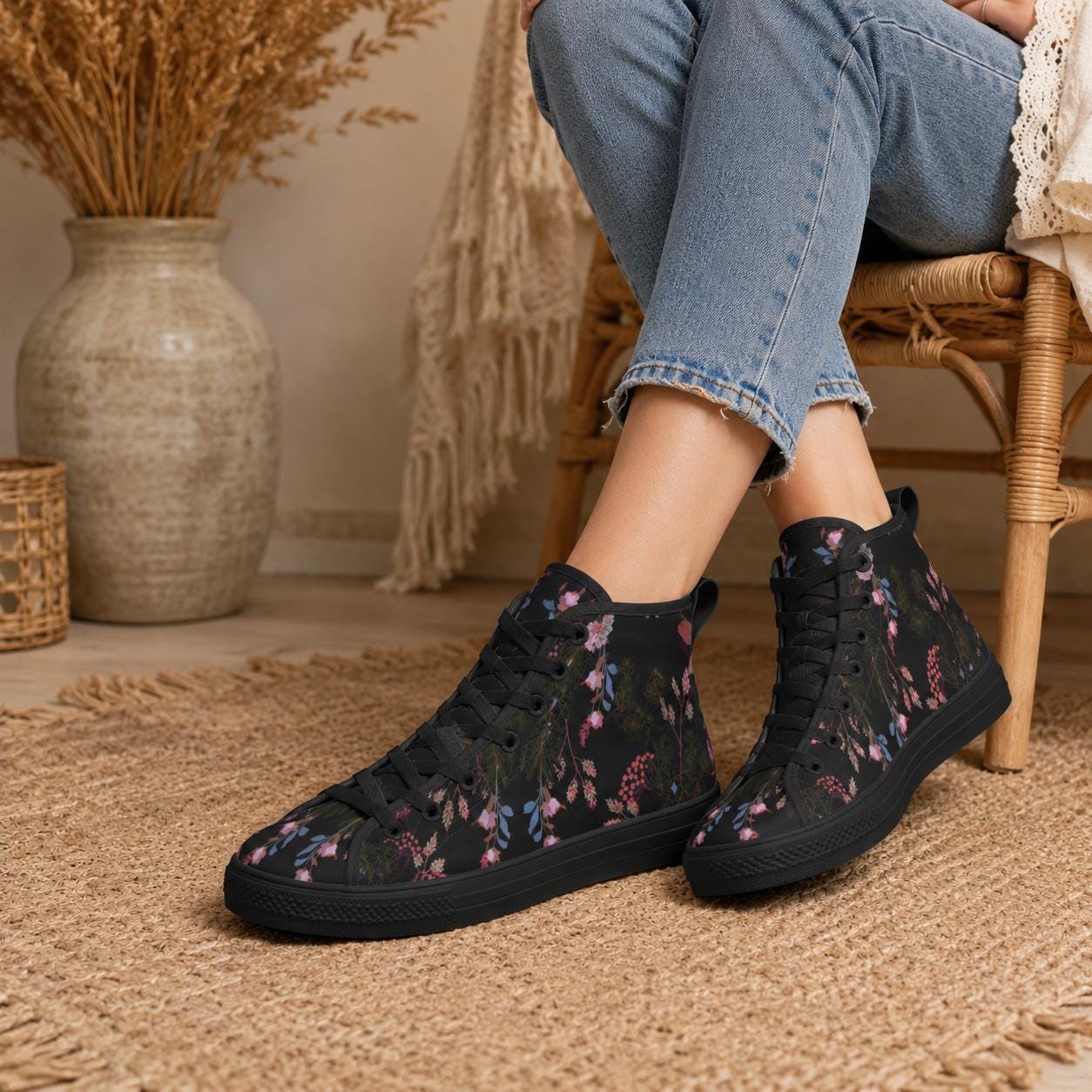 Black Floral High Tops, Dark Botanical Sneakers, Pink Flower Print, Cottagecore Lace Up Shoes