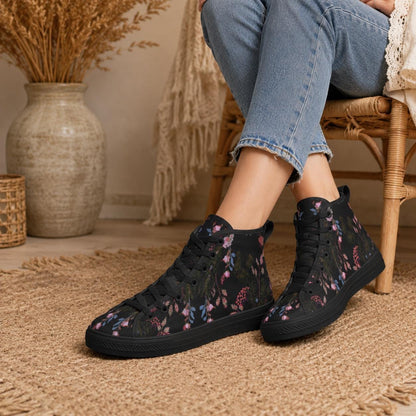 Black Floral High Tops, Dark Botanical Sneakers, Pink Flower Print, Cottagecore Lace Up Shoes