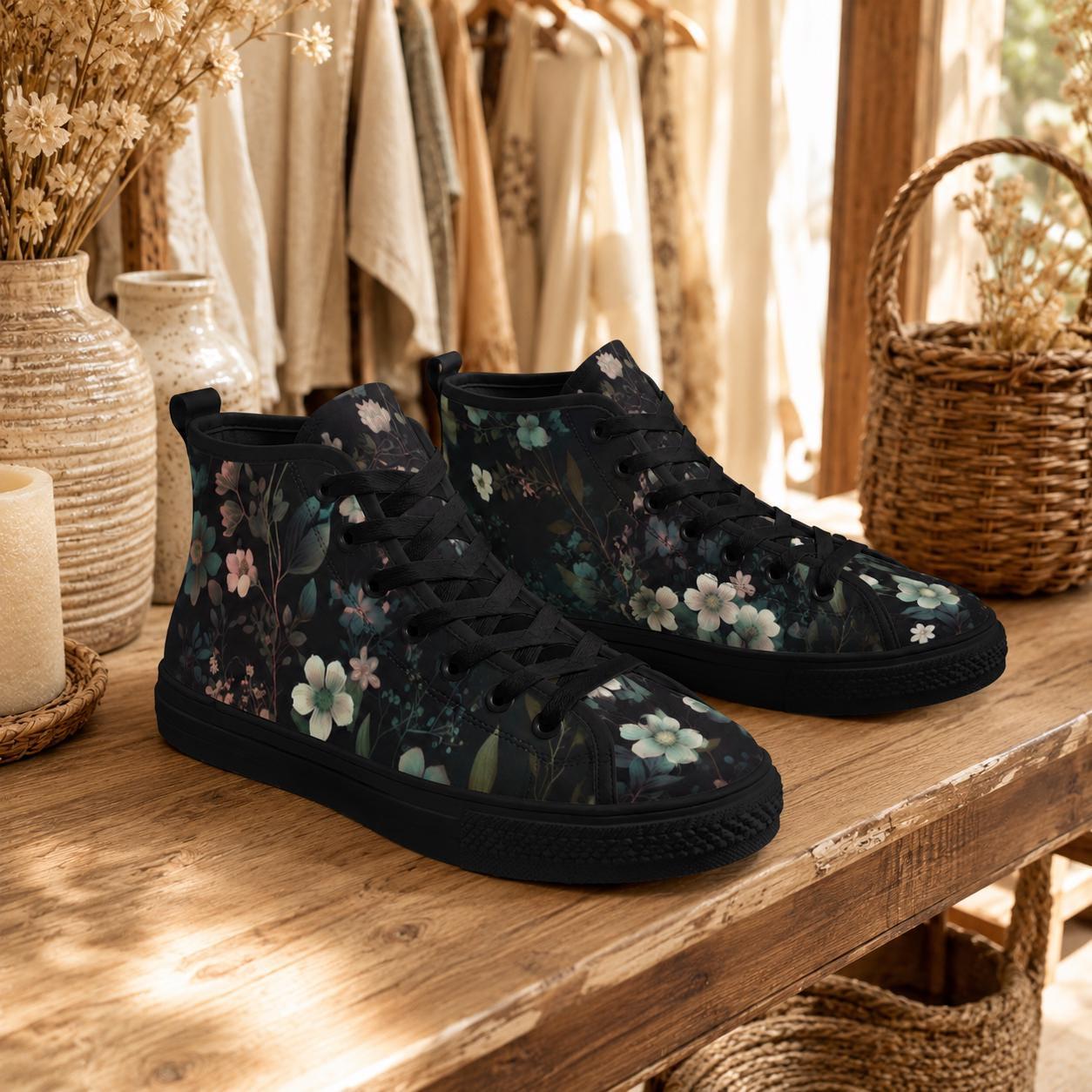 Dark Floral High Top Sneakers, Botanical Print Canvas Lace Up Shoes
