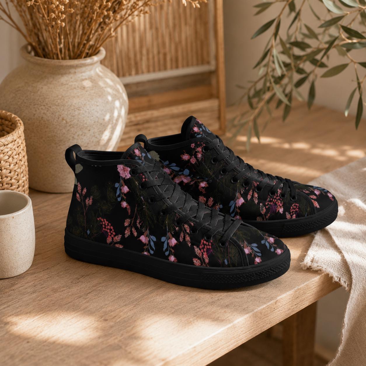 Black Floral High Tops, Dark Botanical Sneakers, Pink Flower Print, Cottagecore Lace Up Shoes