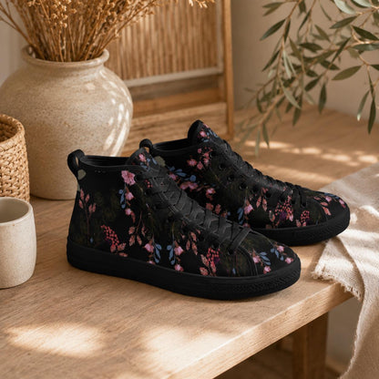 Black Floral High Tops, Dark Botanical Sneakers, Pink Flower Print, Cottagecore Lace Up Shoes
