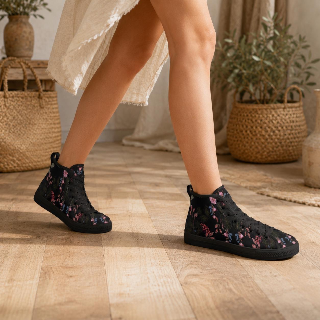 Black Floral High Tops, Dark Botanical Sneakers, Pink Flower Print, Cottagecore Lace Up Shoes