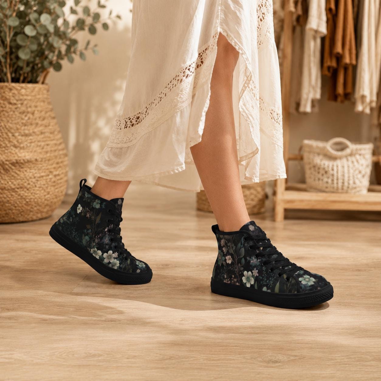 Dark Floral High Top Sneakers, Botanical Print Canvas Lace Up Shoes