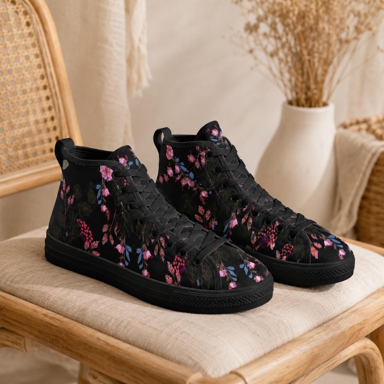 Black Floral High Tops, Dark Botanical Sneakers, Pink Flower Print, Cottagecore Lace Up Shoes
