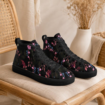 Black Floral High Tops, Dark Botanical Sneakers, Pink Flower Print, Cottagecore Lace Up Shoes